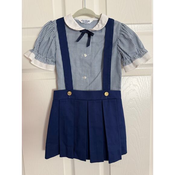VTG Goodlad Girls Peter Pan Collar Striped Top Navy Pleated Suspender Skirt Sz 4 - Picture 1 of 11